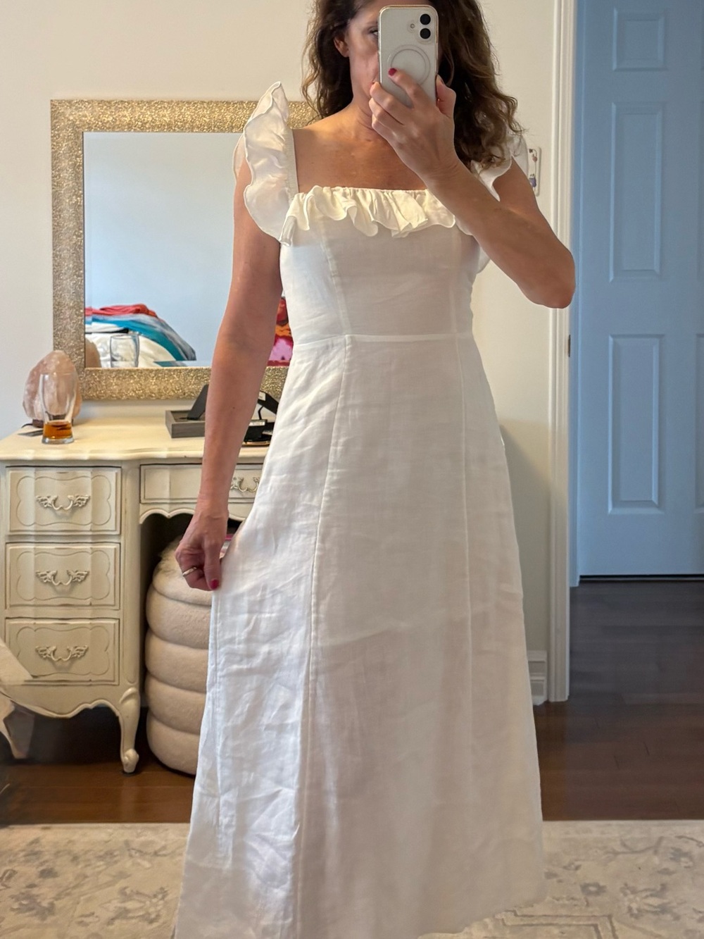 & Other Stories White Ruffle-Shoulder Linen Maxi Dress